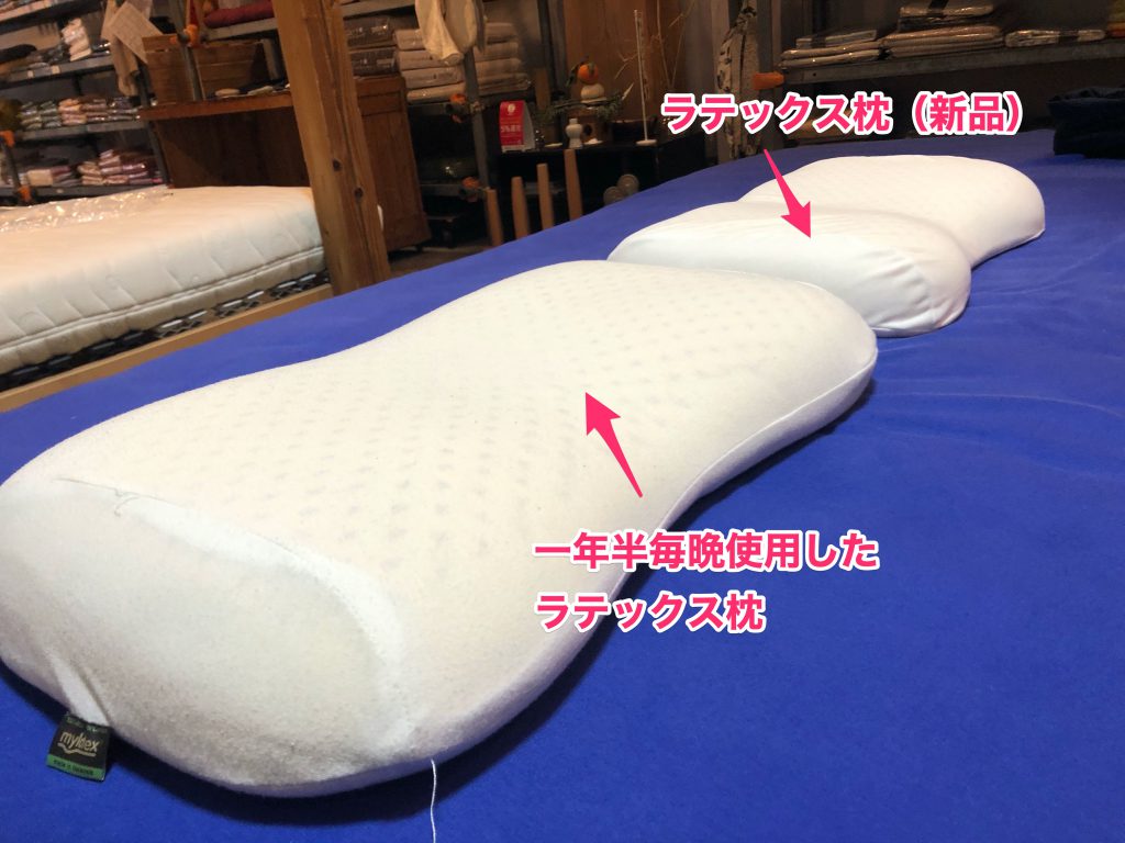 新品と一年半使用したラテックス枕の比較